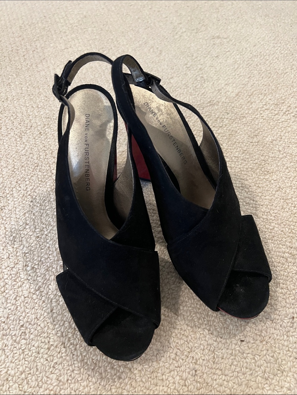 Diane Von Furstenberg Black Suede Peep-Toe Slingback Heels